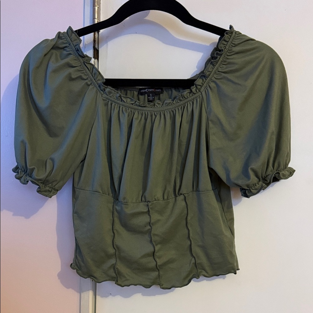 Olive Green Puff-Sleeve Smocked Square-Neck Blouse